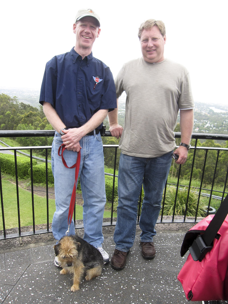 151.Matt, Trip and a borrowed dog at the Mt. Coot-tha lookout in Brisbane